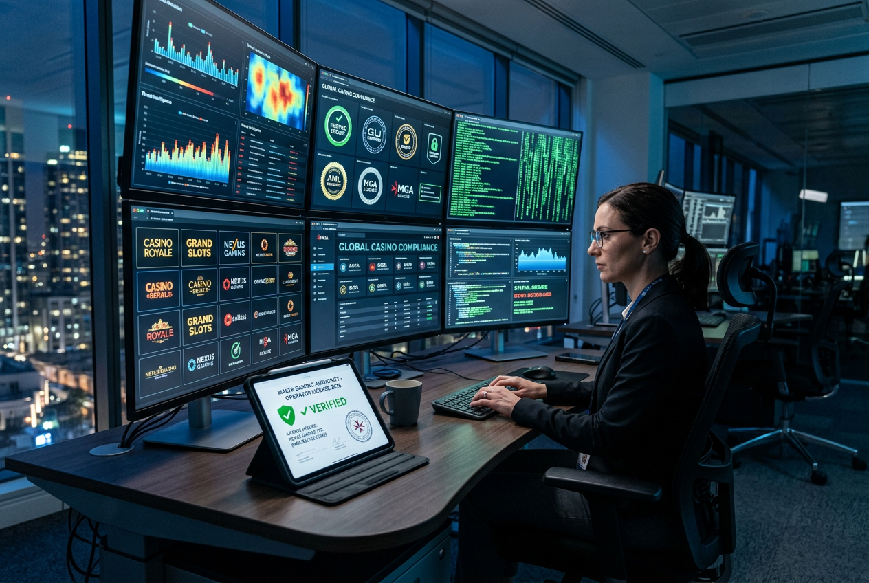 A high-tech digital workspace showing casino data analytics and security certification screens.