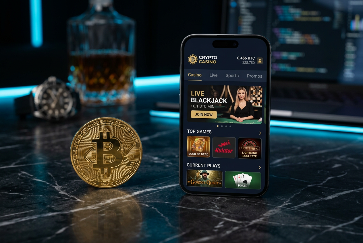 Złoty Bitcoin obok luksusowego smartfona z aplikacją kasynową.
