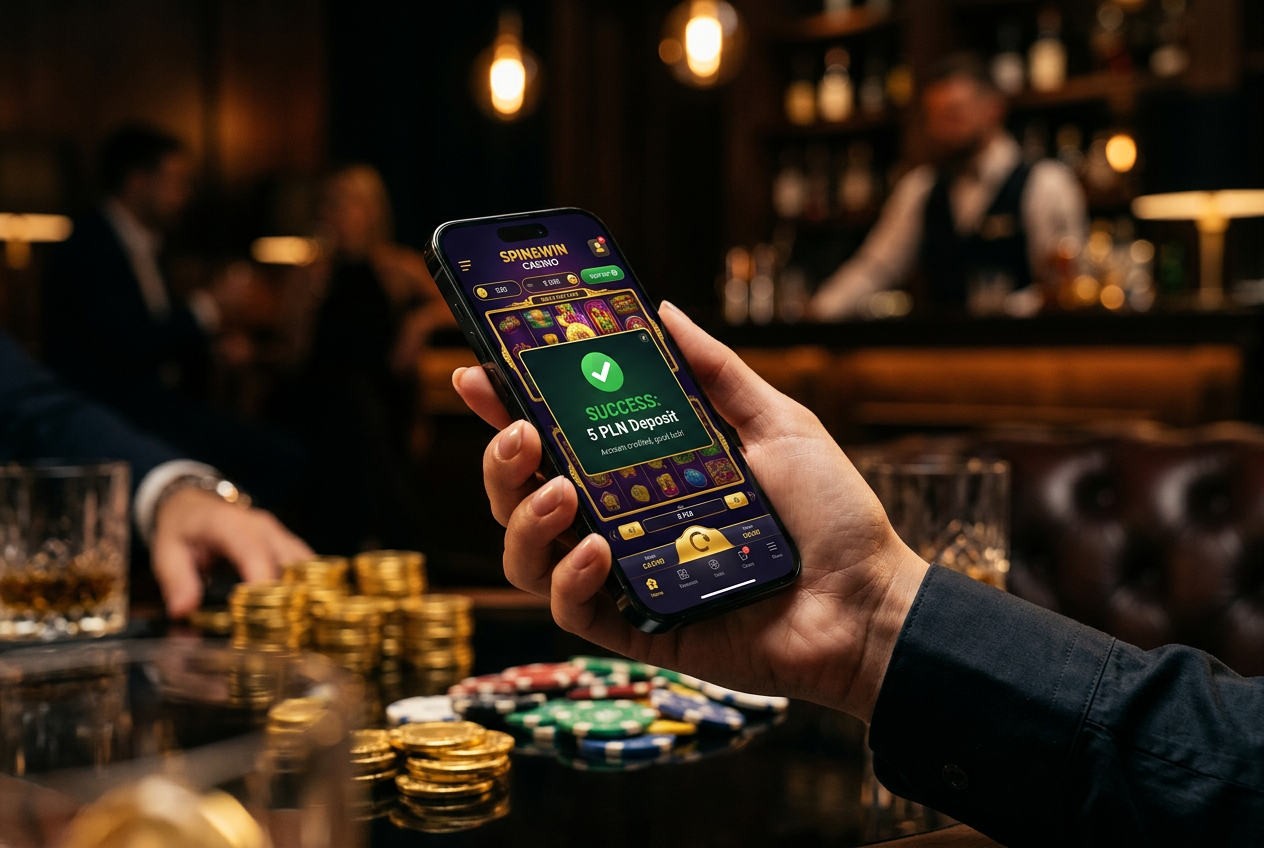 Smartphone screen showing a successful 5 PLN payment to a casino app.