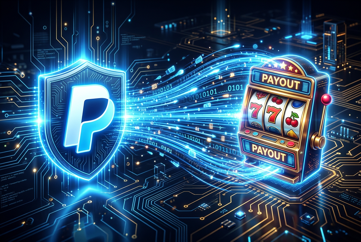 Graphic showing instant and secure transaction flow from PayPal to casino.