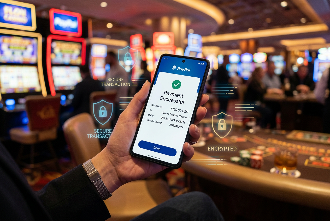 Secure mobile payment confirmation using PayPal for a casino deposit.