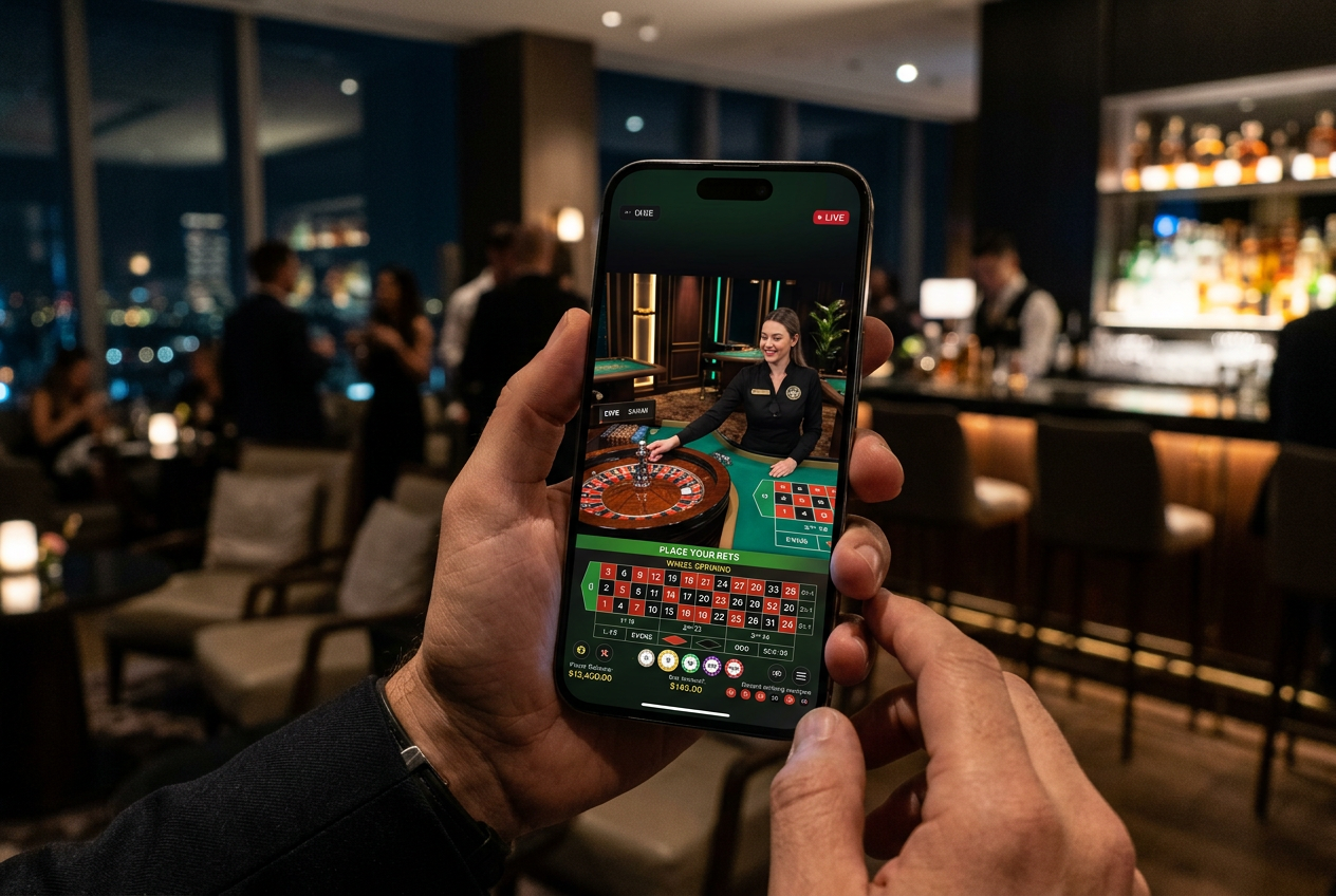 Widok na smartfon z uruchomioną grą ruletki live w wysokiej rozdzielczości.